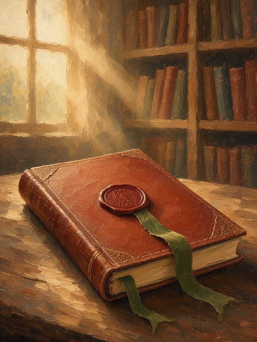 Oil painting of a leather-bound journal with a red wax seal on a sunlit desk